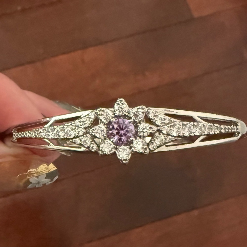 Silver-tone and Purple Women's Bangle Bracelet - 18K White Gold Filled - Picture 3 of 11